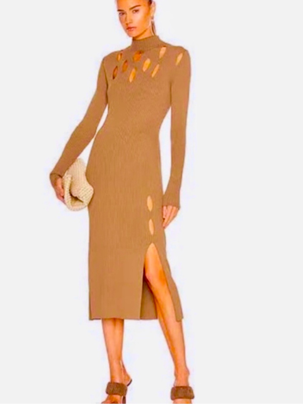 NWT Dion Lee Ribbed Knit Cutout Midi Dress Long Sleeve Tan Size US 2/XS